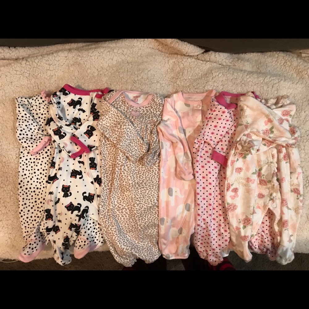 Bundle of 6, 0-3 month baby girl pajama set.